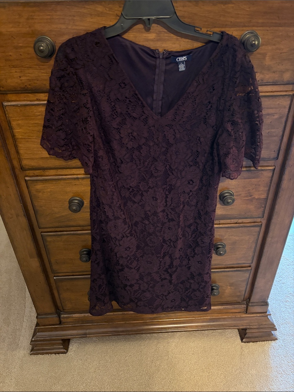 Chaps Plum Lace V-Neck Short Sleeve Dress